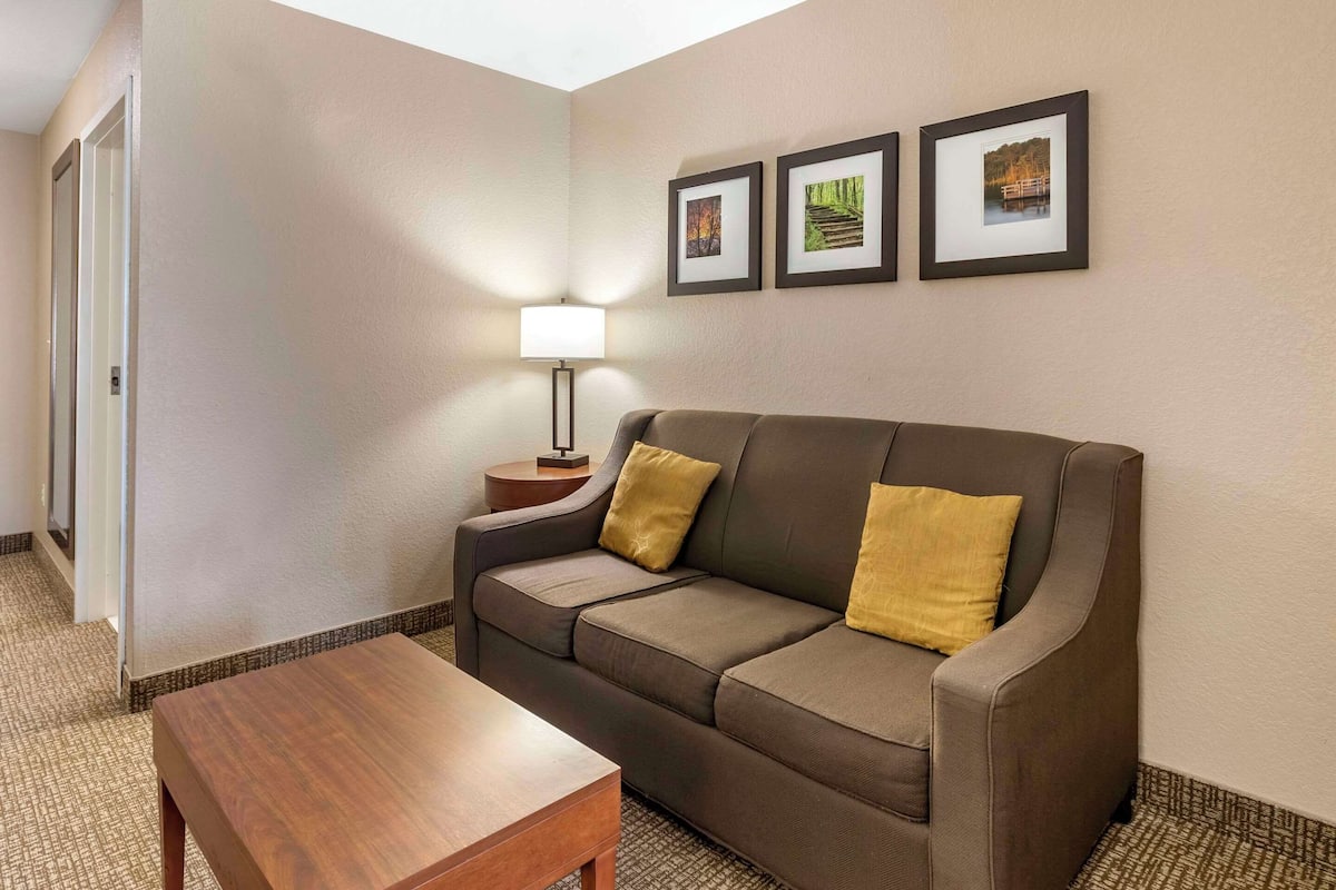 Habitación de hotel con un sofá marrón, una mesa de centro de madera y una lámpara. Hay tres cuadros enmarcados en la pared.