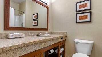 A bathroom with a granite countertop sink, a mirror, a toilet, and two framed pictures on the wall.