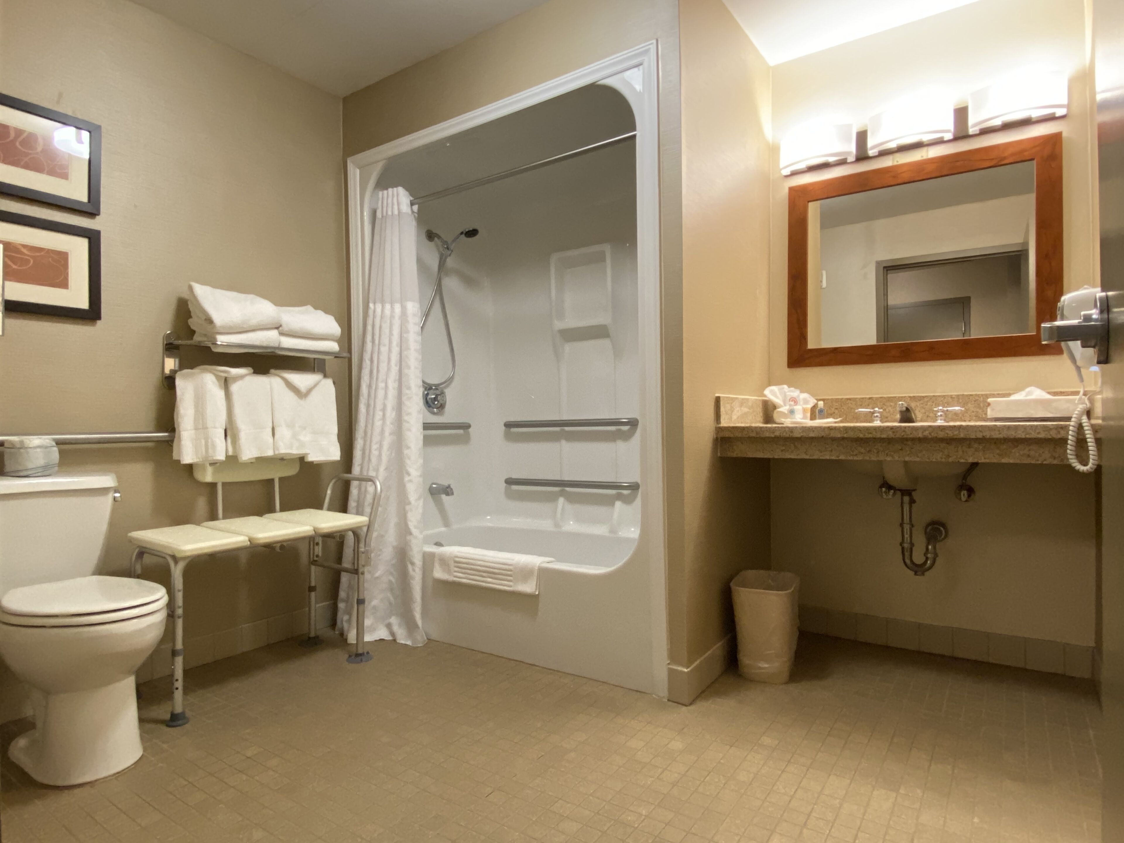 combined shower/bathtub, free toiletries, hair dryer, towels