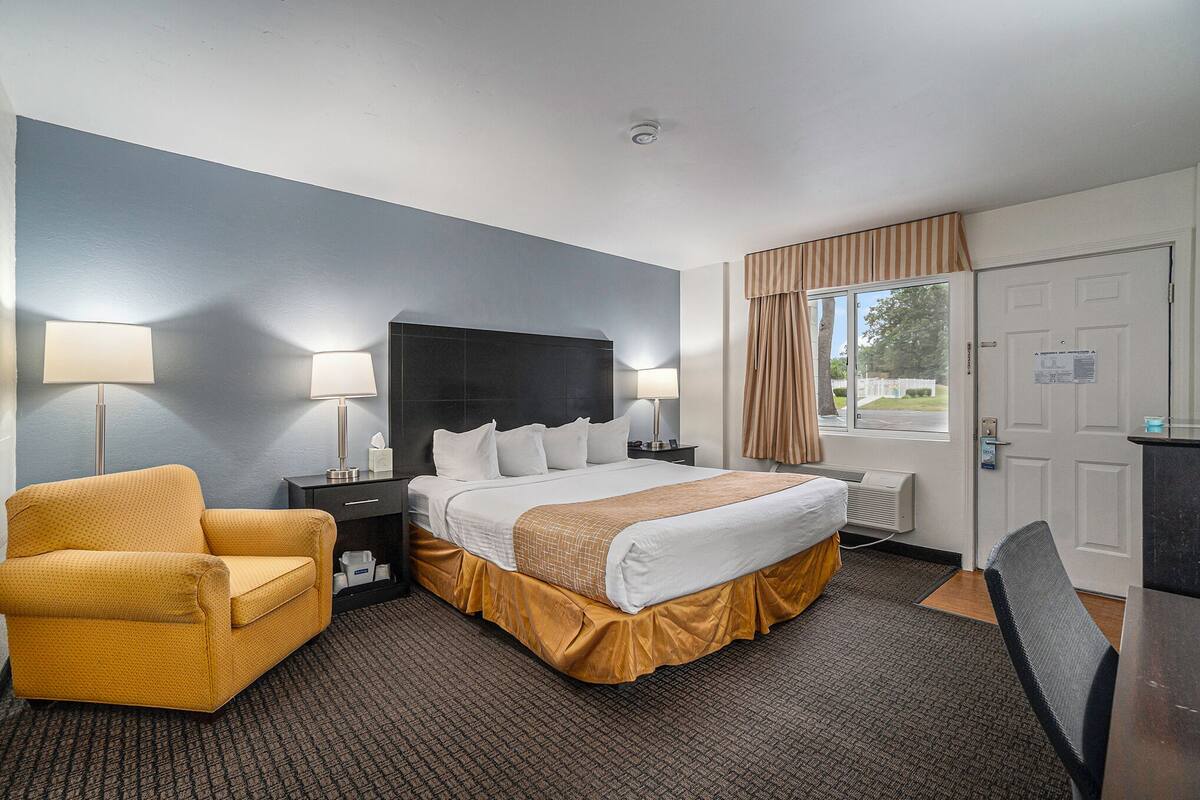 Une chambre d’hôtel avec un lit, une chaise, un bureau et une fenêtre avec des rideaux.