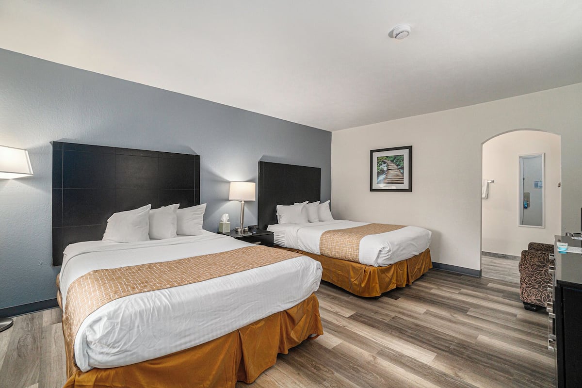 Une chambre d’hôtel avec deux lits, une table de chevet, une lampe, un tableau encadré au mur et un miroir.