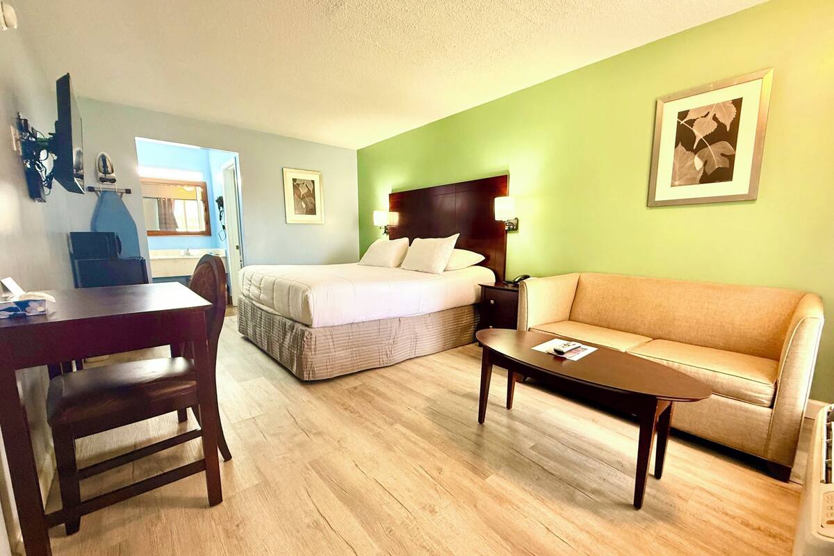 A hotel room with a bed, a sofa, a desk, and a chair.