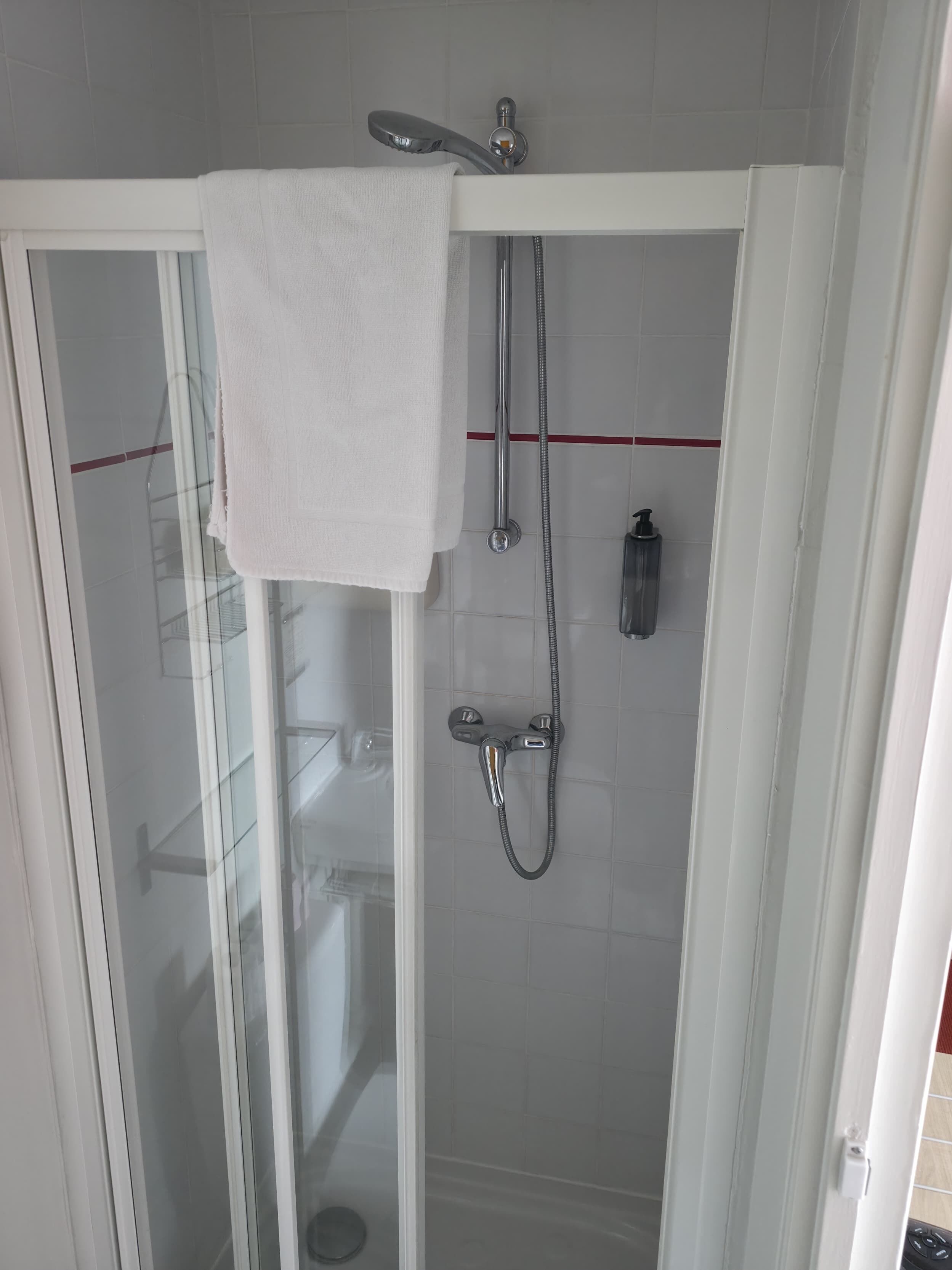 Une douche fermée par des parois en verre, avec une serviette blanche accrochée à la porte, une pomme de douche à main et un robinet fixé au mur.