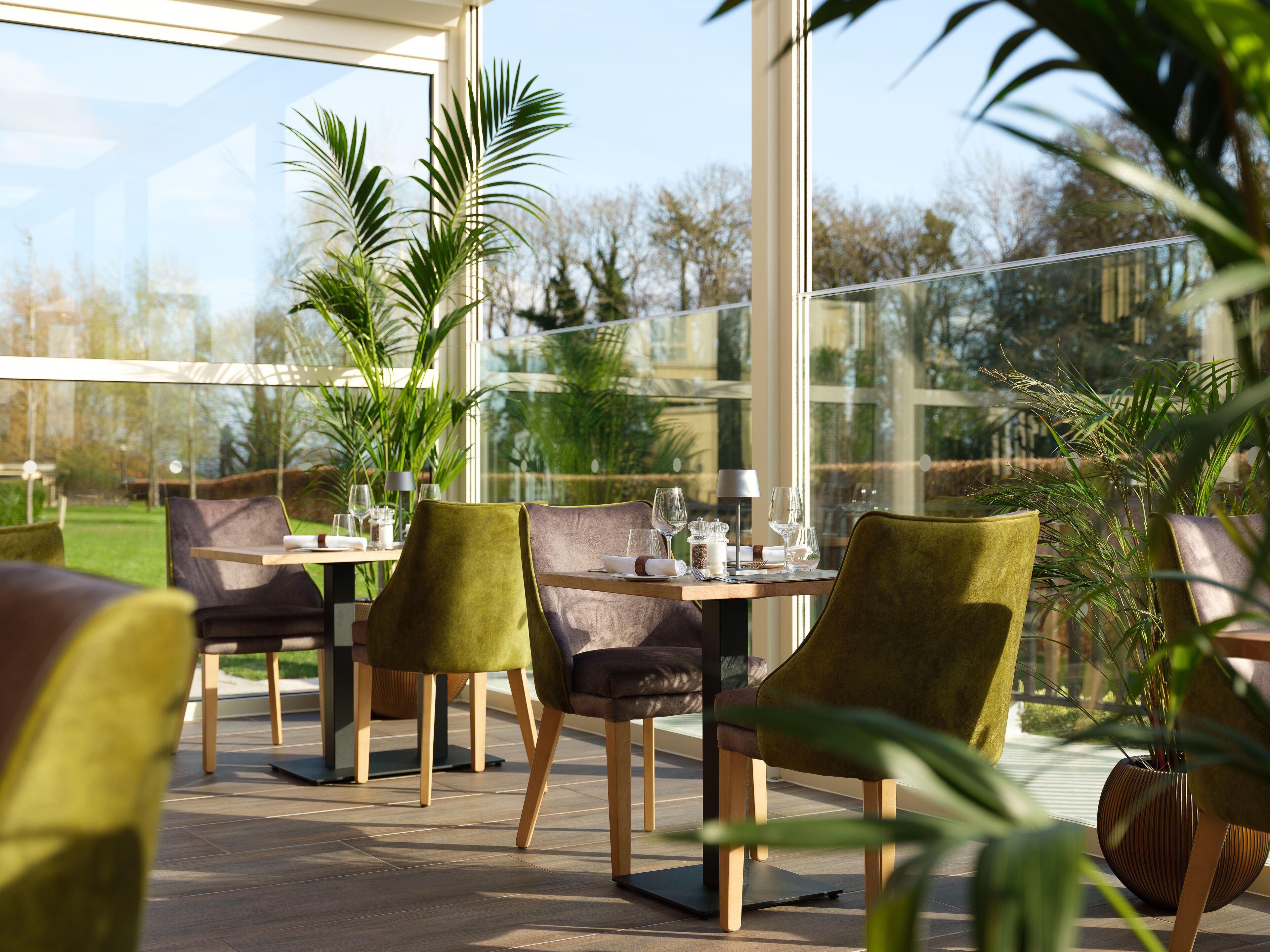 Un espace repas doté de mobilier moderne, de grandes fenêtres et de plantes en pot.
