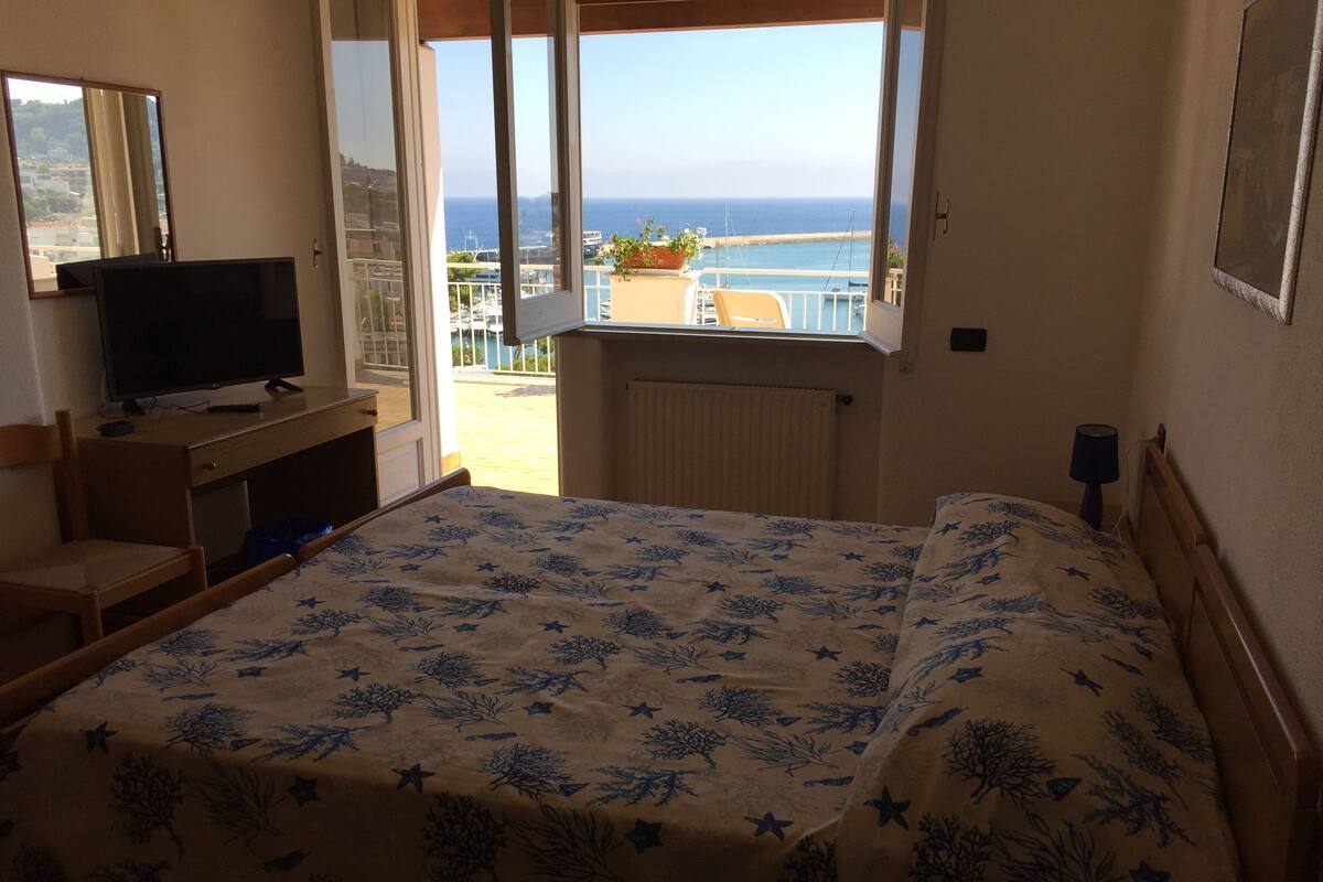 A bedroom with a bed, a desk, a television, and a view of the sea.
