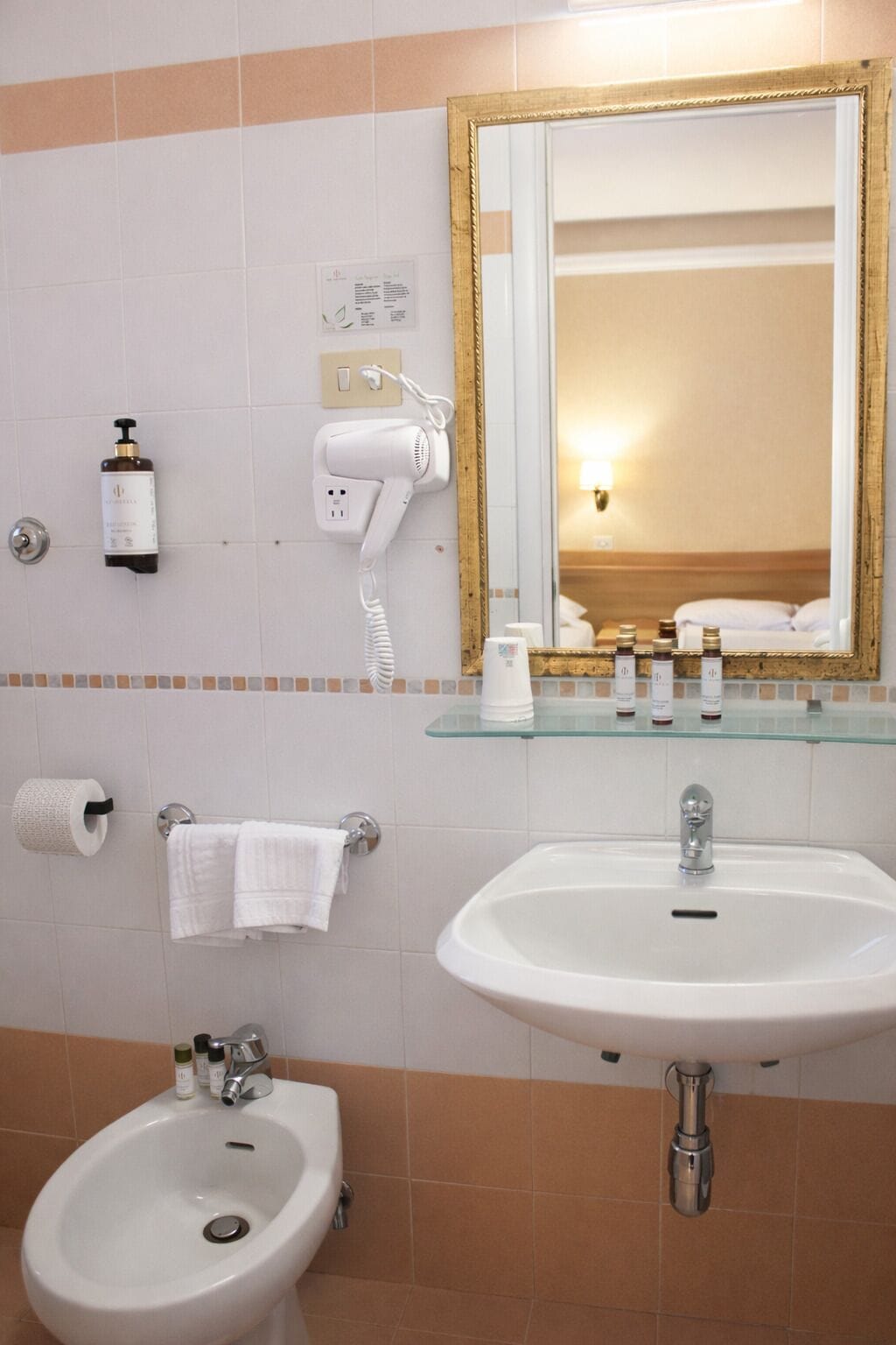 A bathroom with a white sink, a bidet, a towel rack, a hairdryer, and a mirror with a gold frame.