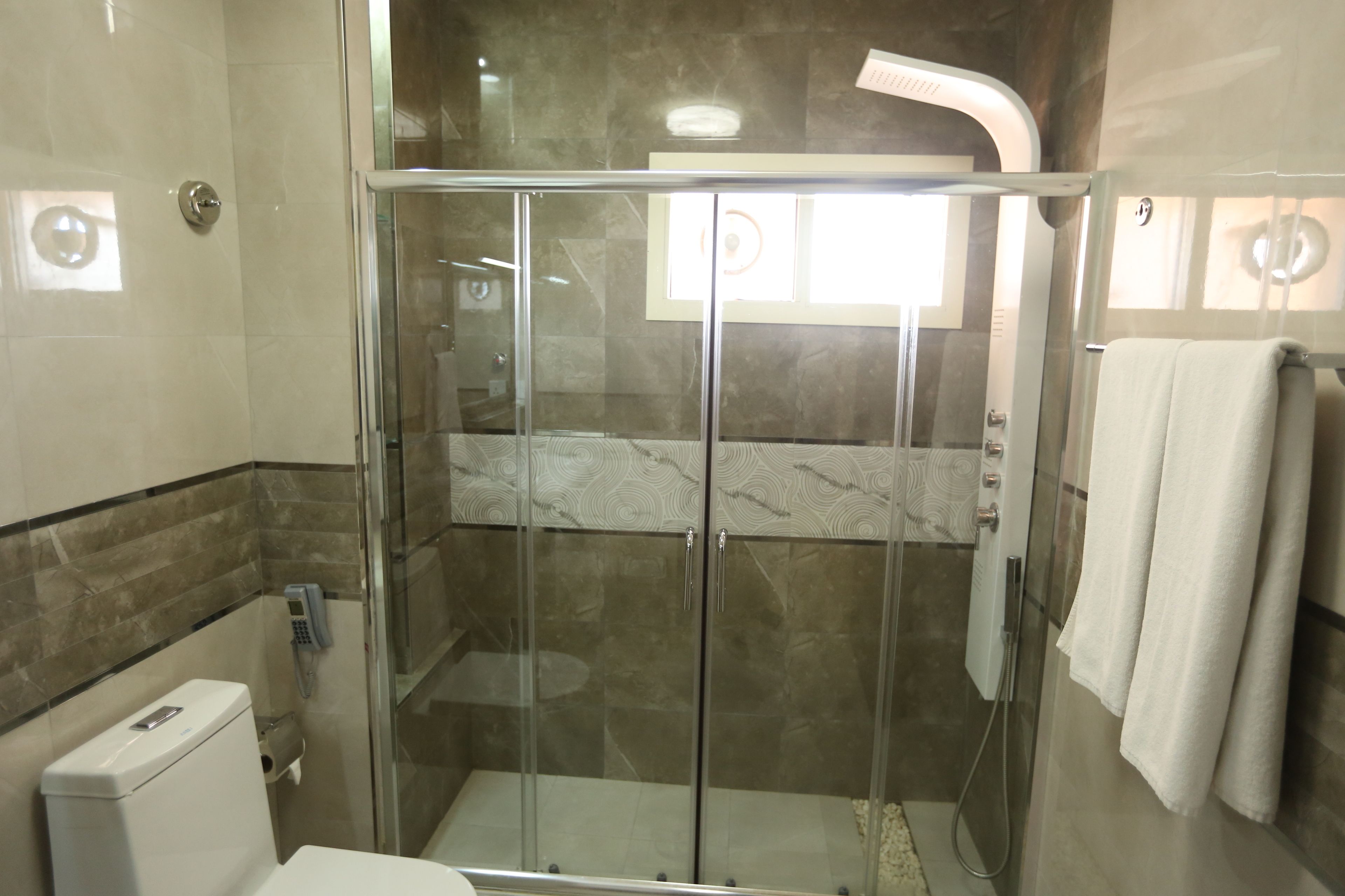 Eine gläserne Duschkabine mit Toilette und Handtuchhalter in einem modernen Badezimmer.