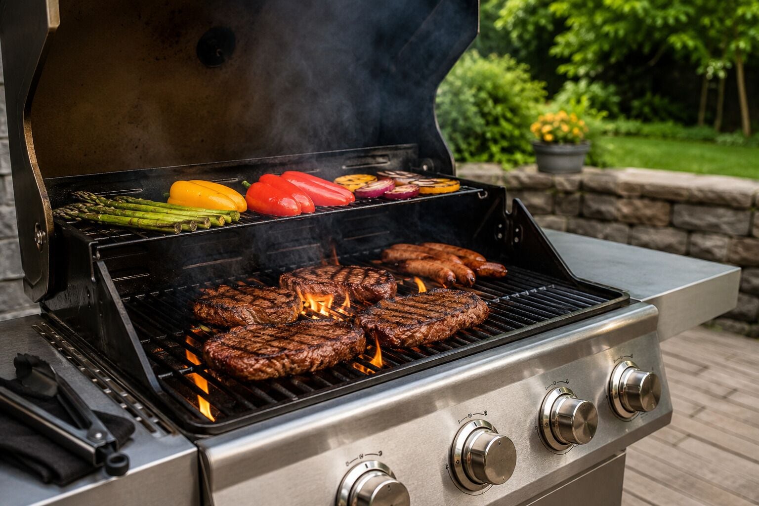 A stainless steel grill with multiple burners, cooking steaks and vegetables.