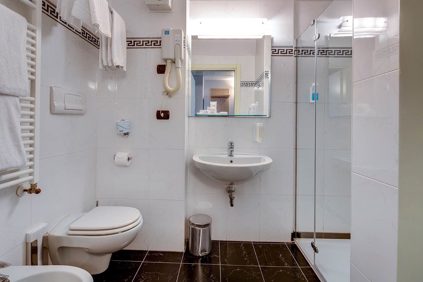 shower, hair dryer, slippers, bidet