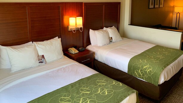 Two double beds with white linens, a wooden headboard, bedside lamps, and a green patterned throw blanket.