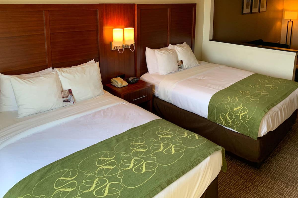 Two double beds with white linens, a wooden headboard, bedside lamps, and a green patterned throw blanket.