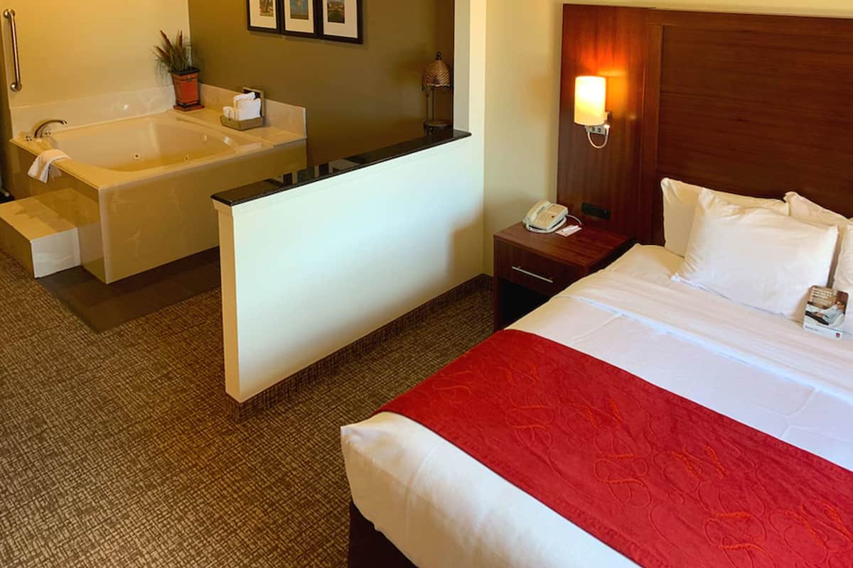 A hotel room with a large bed, a red throw blanket, a nightstand with a phone, a wall-mounted lamp, and a bathtub with a towel.