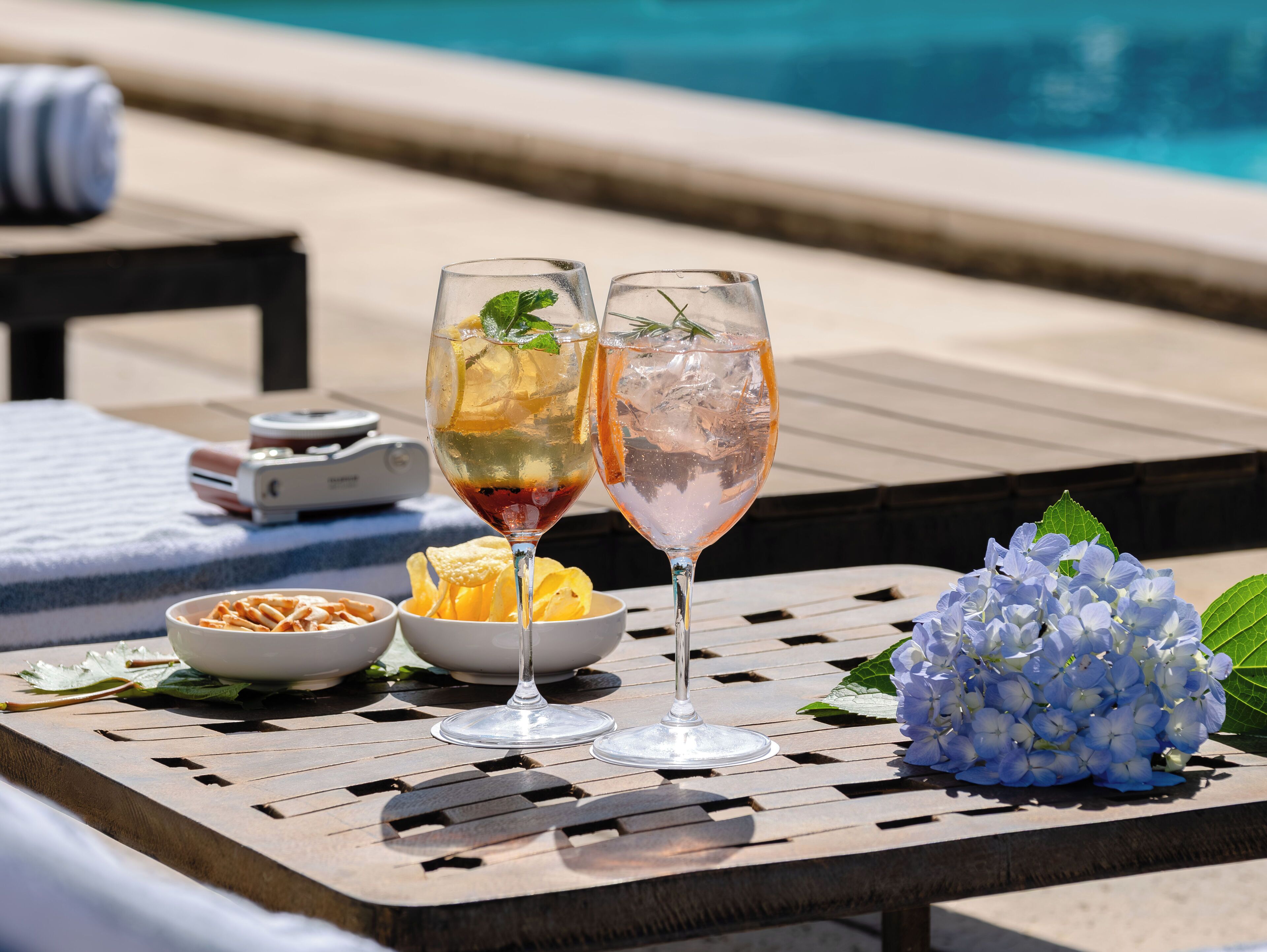 Outdoor pool, pool umbrellas, pool loungers