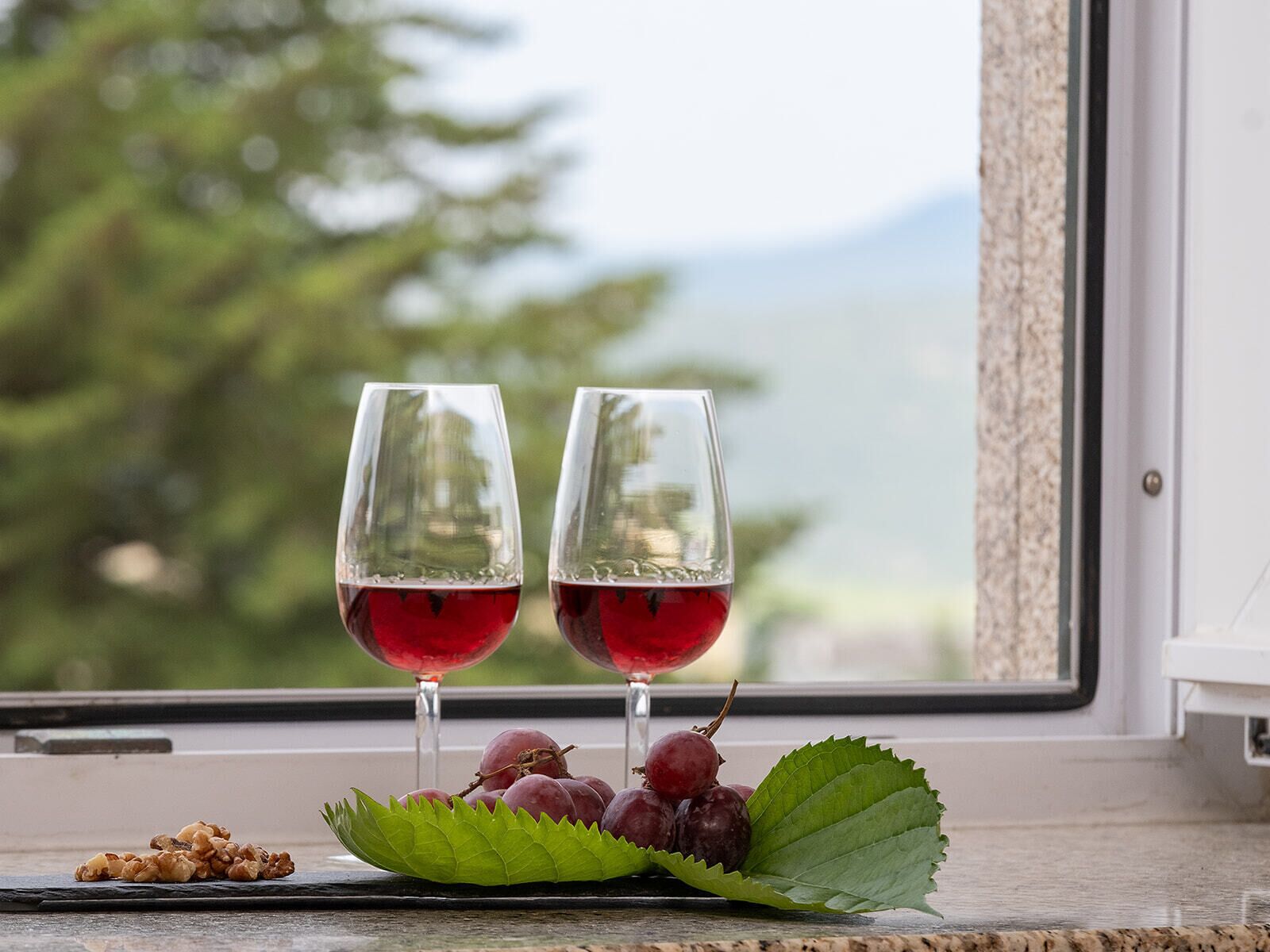 Two wine glasses with red liquid on a windowsill, a bunch of grapes, and walnuts on a leaf.