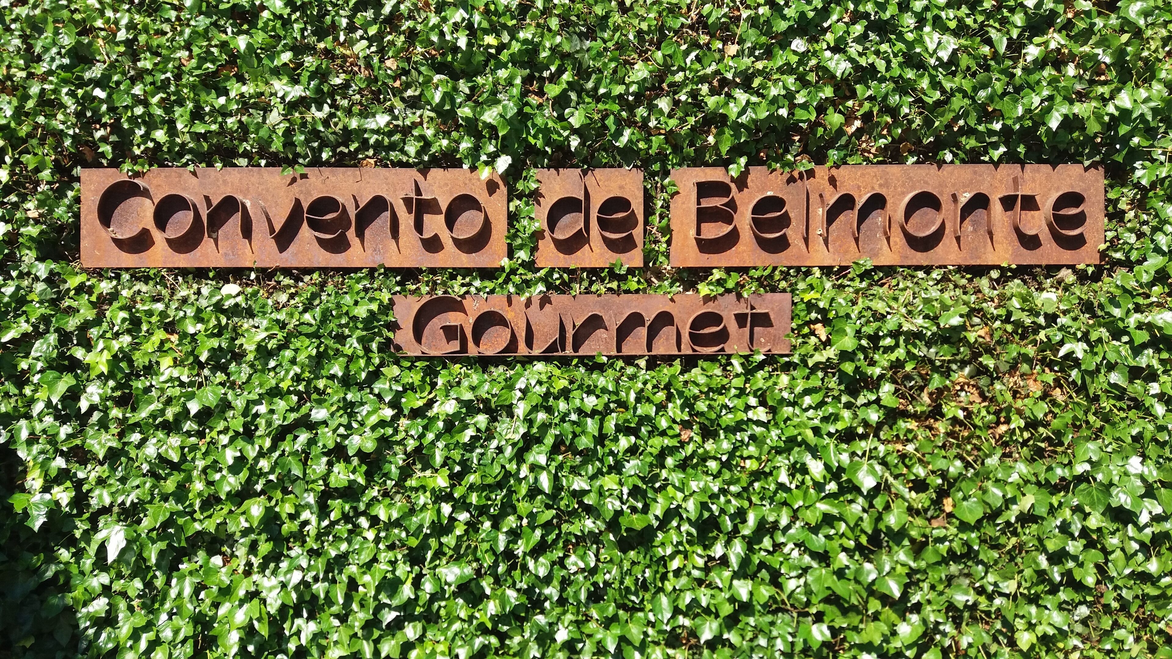 A sign with the text "Convento de Belmonte Gourmet" against a background of green ivy.