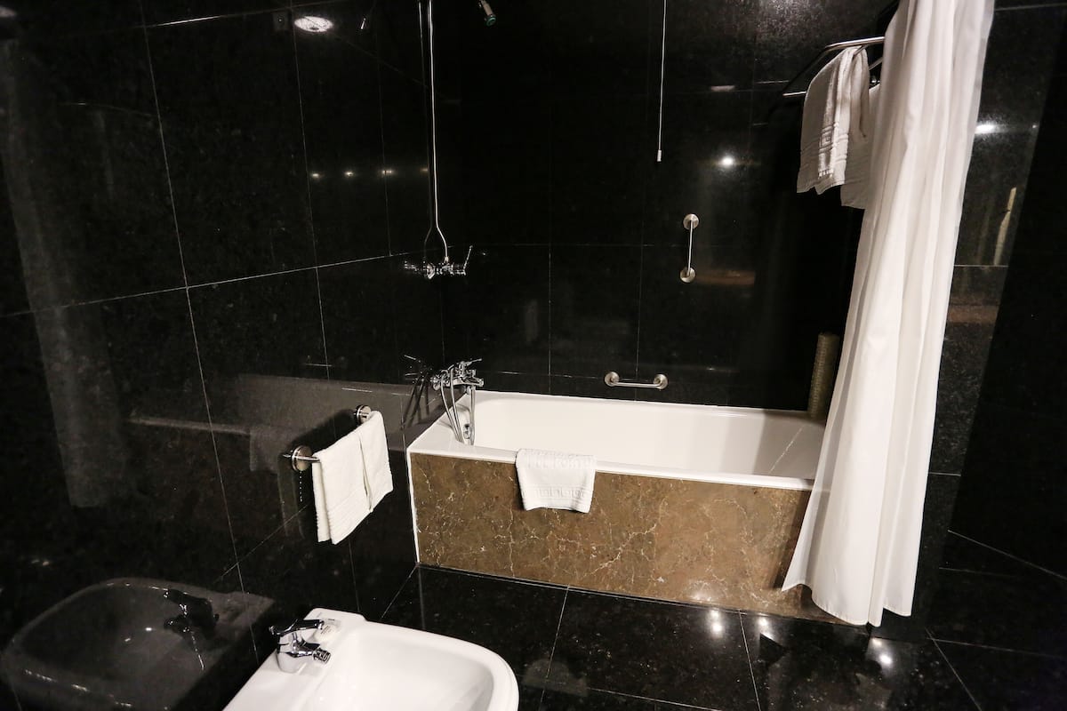 bathtub, hair dryer, bidet