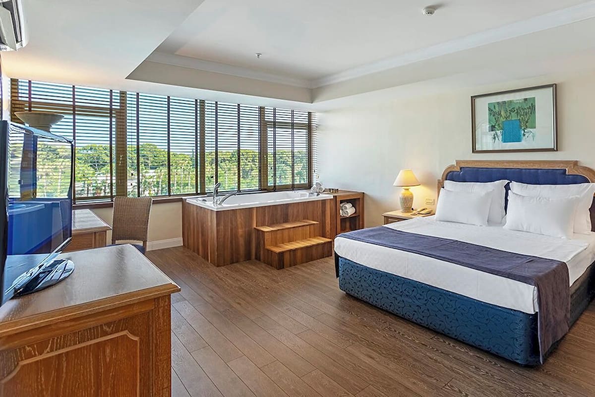 Habitación de hotel con cama, mesitas de noche, escritorio, televisor y ventana con persianas.