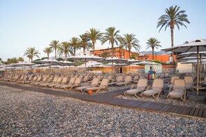 Private beach, sun-loungers, beach towels, beach volleyball