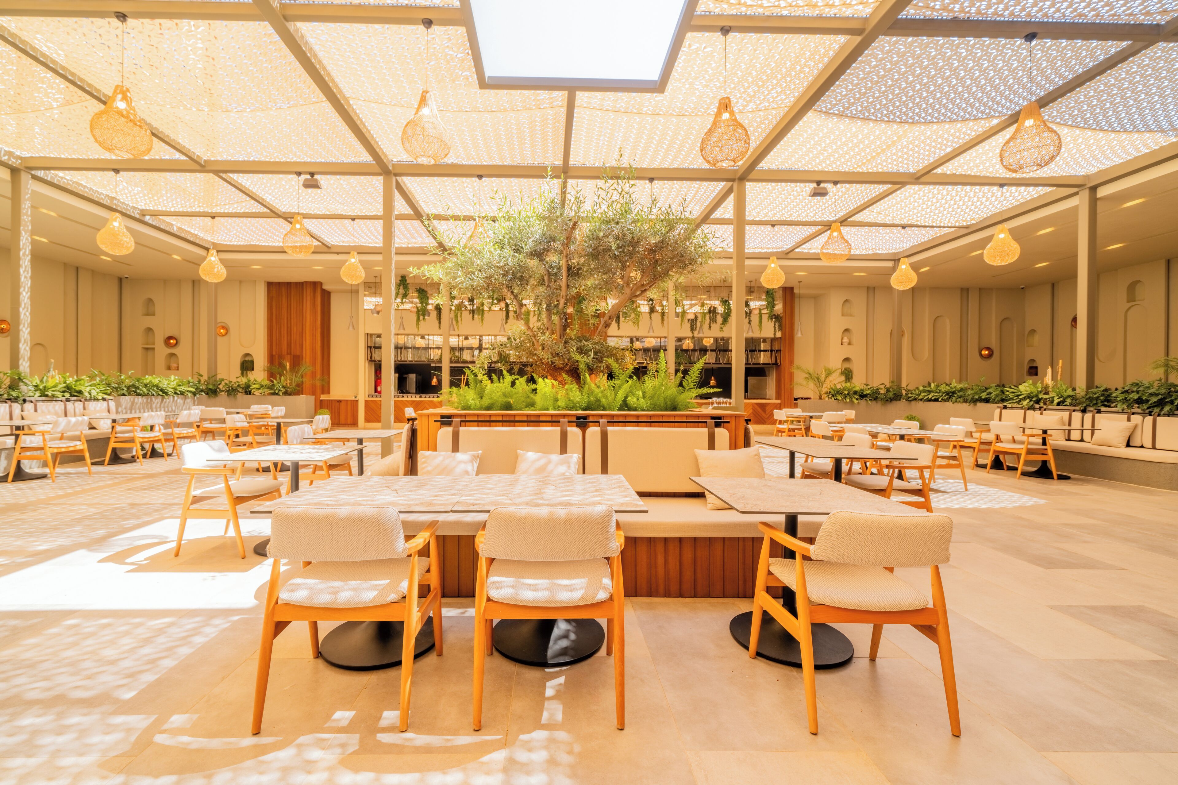 A spacious indoor area with multiple seating arrangements, a central plant, and hanging light fixtures.