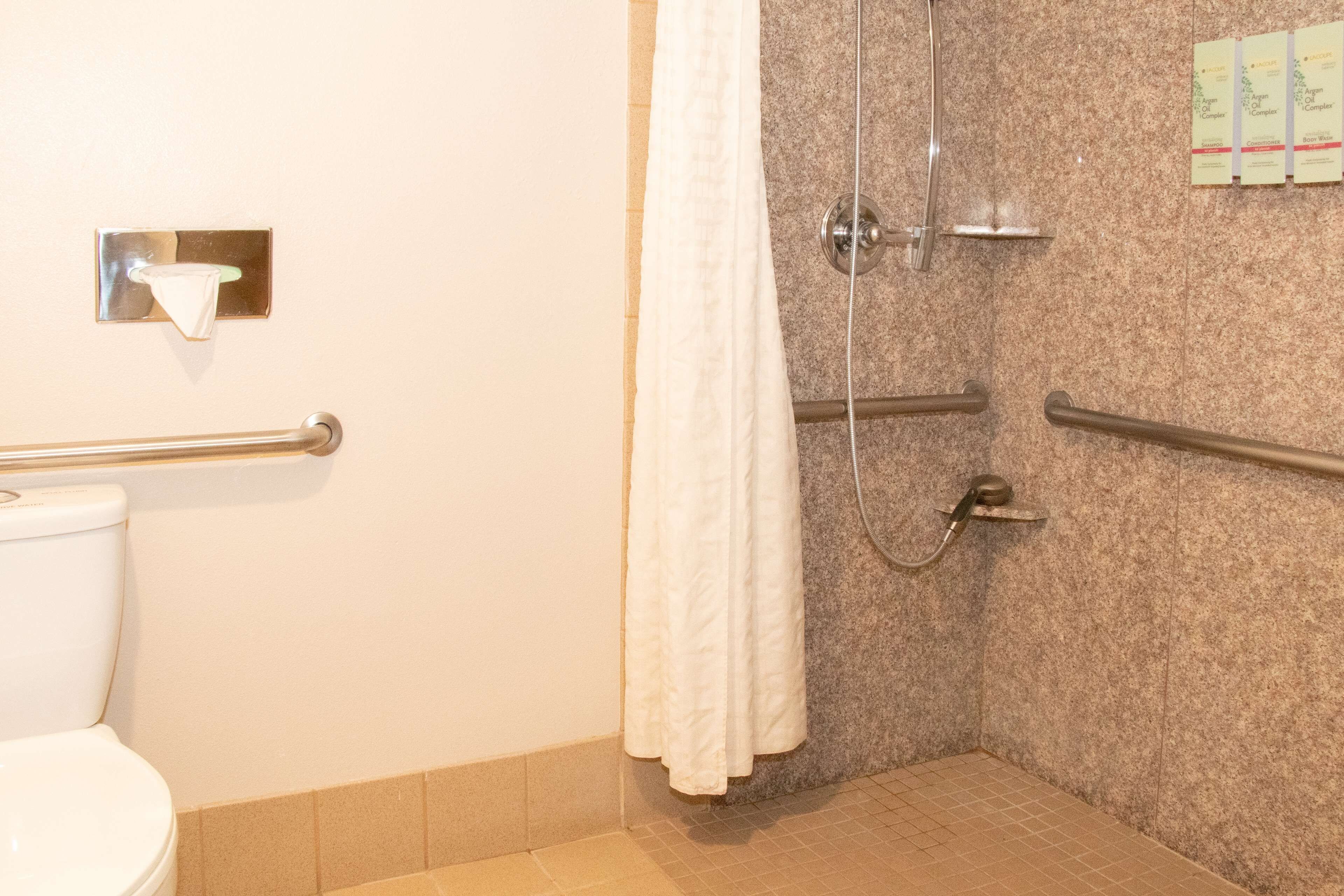 Un baño con ducha, barras de apoyo, inodoro y dispensador de toallas.