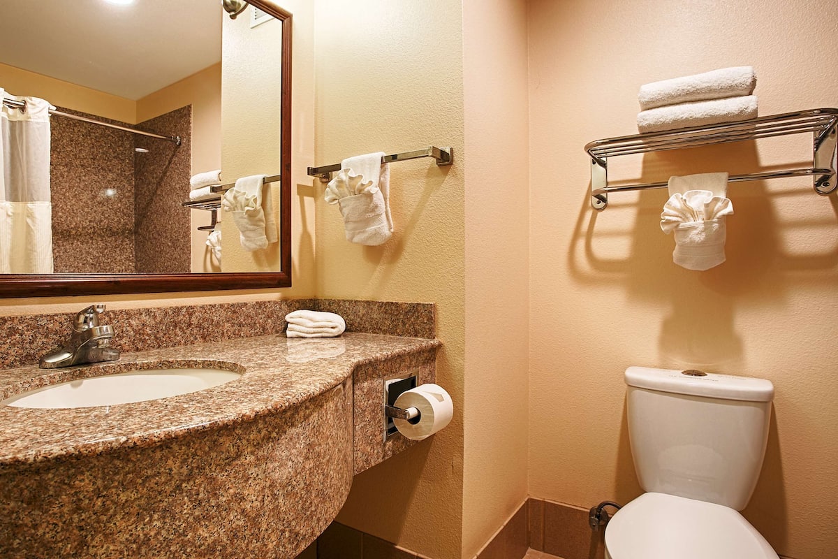 A bathroom with a granite countertop sink, a mirror, a towel rack, a toilet, and a shower curtain.
