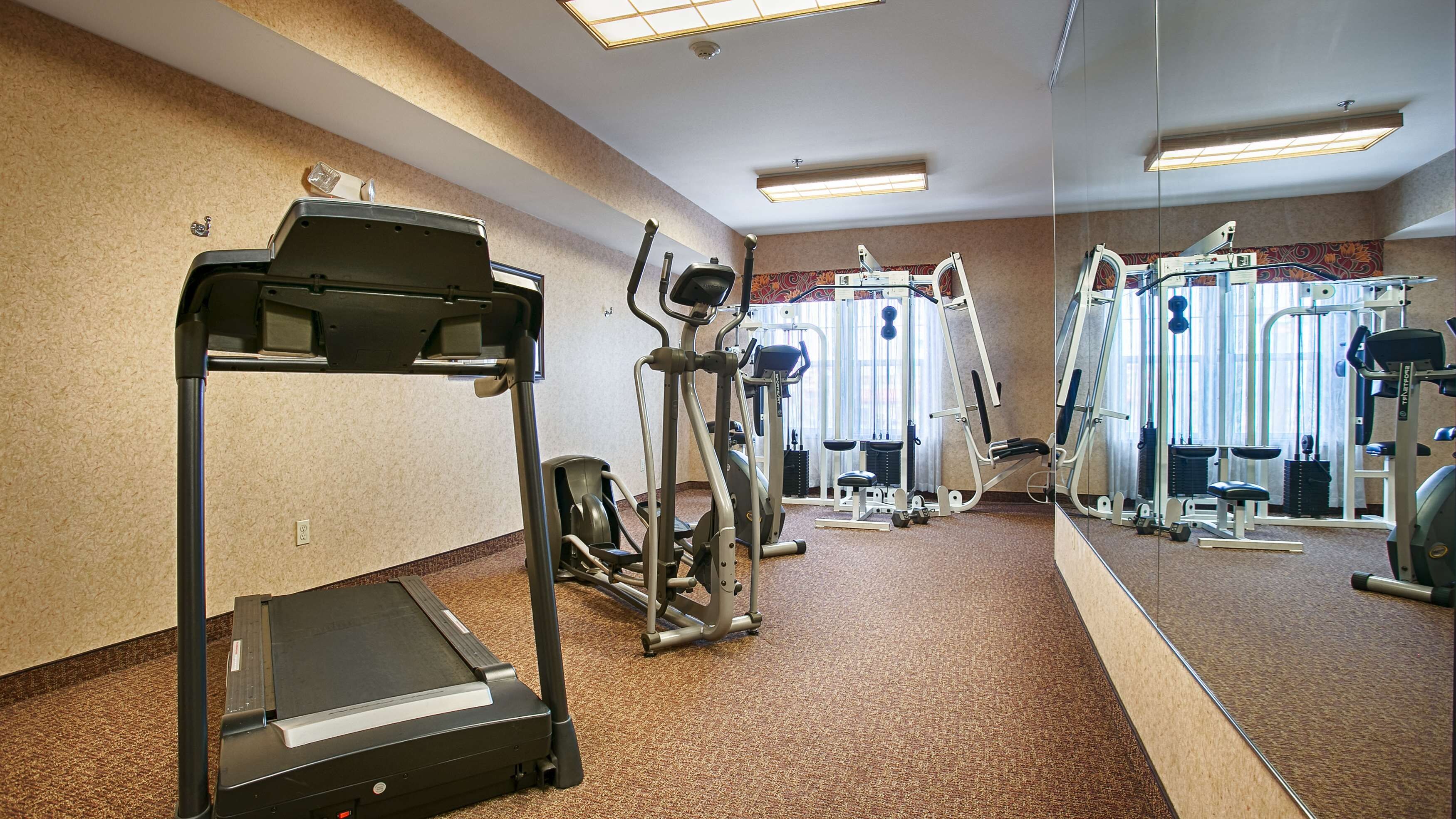 Uma academia com máquinas de cardio, estações de musculação e um espelho grande na parede.