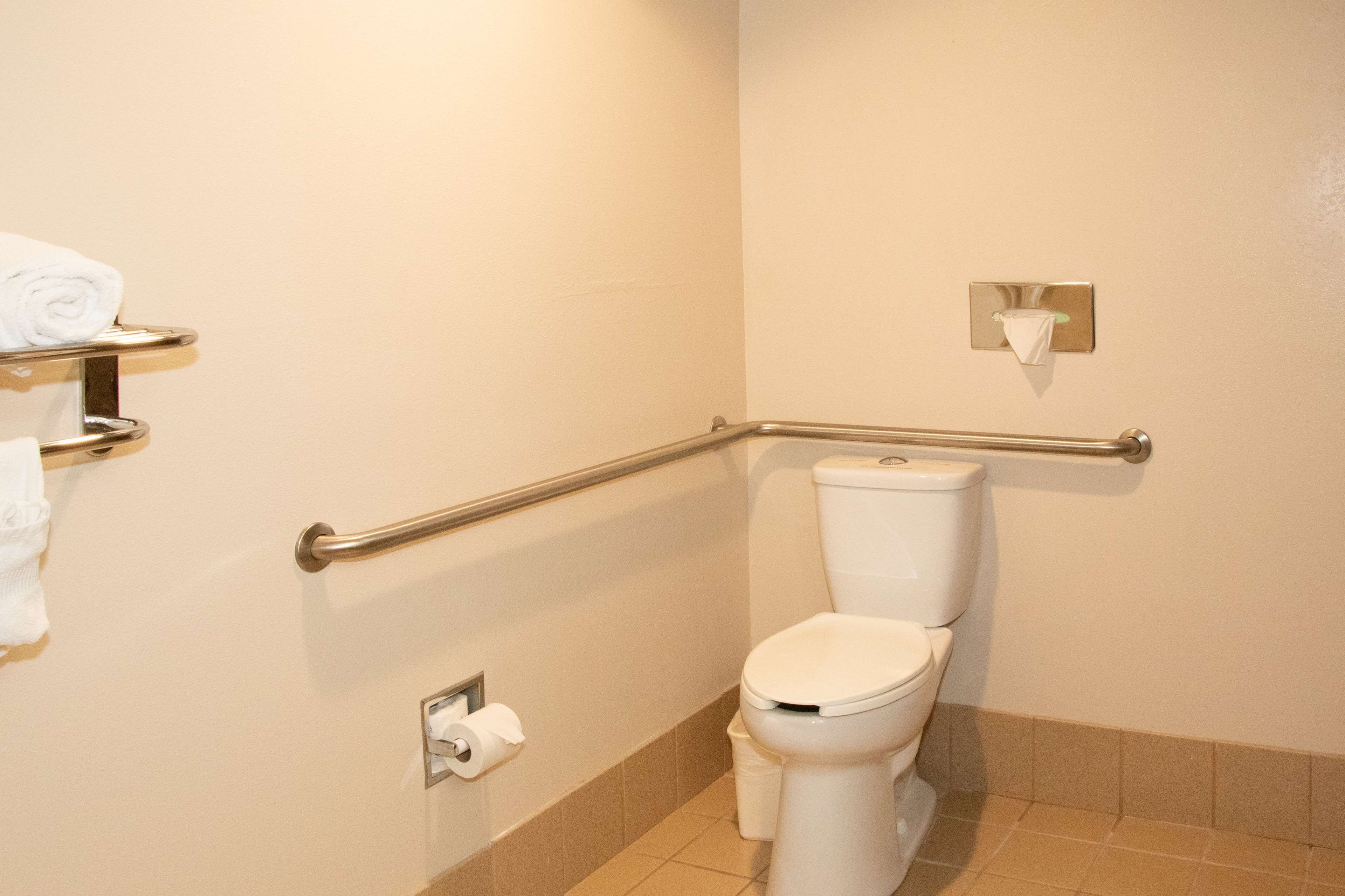 A bathroom with a white toilet, a handrail, a towel rack, and a toilet paper holder.