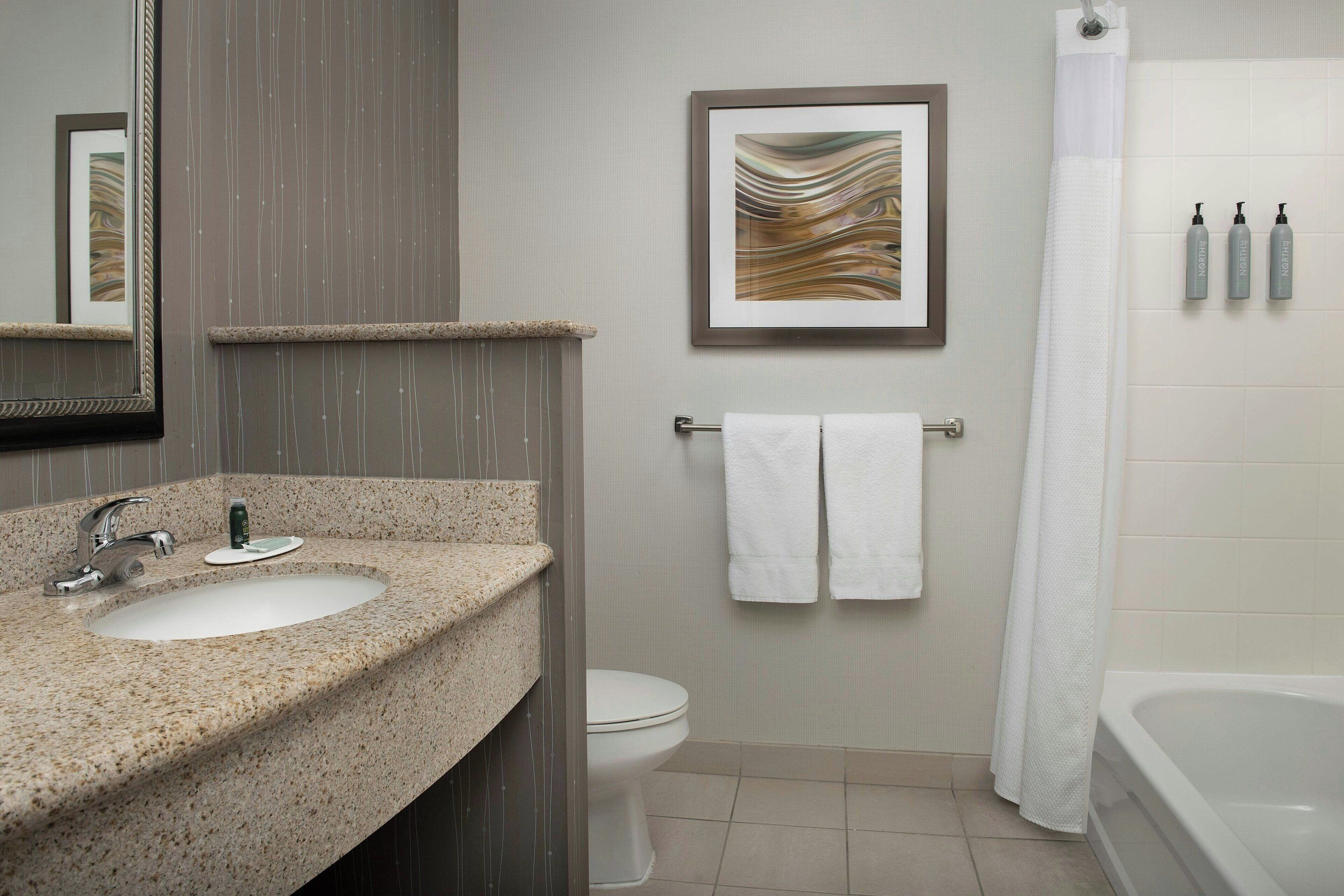 A bathroom with a granite countertop sink, a framed abstract painting, a toilet, and a bathtub.