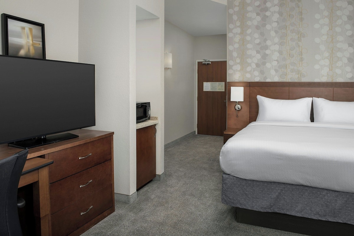 Habitación de hotel con una cama, un escritorio con televisor, un microondas y una puerta con panel de madera.