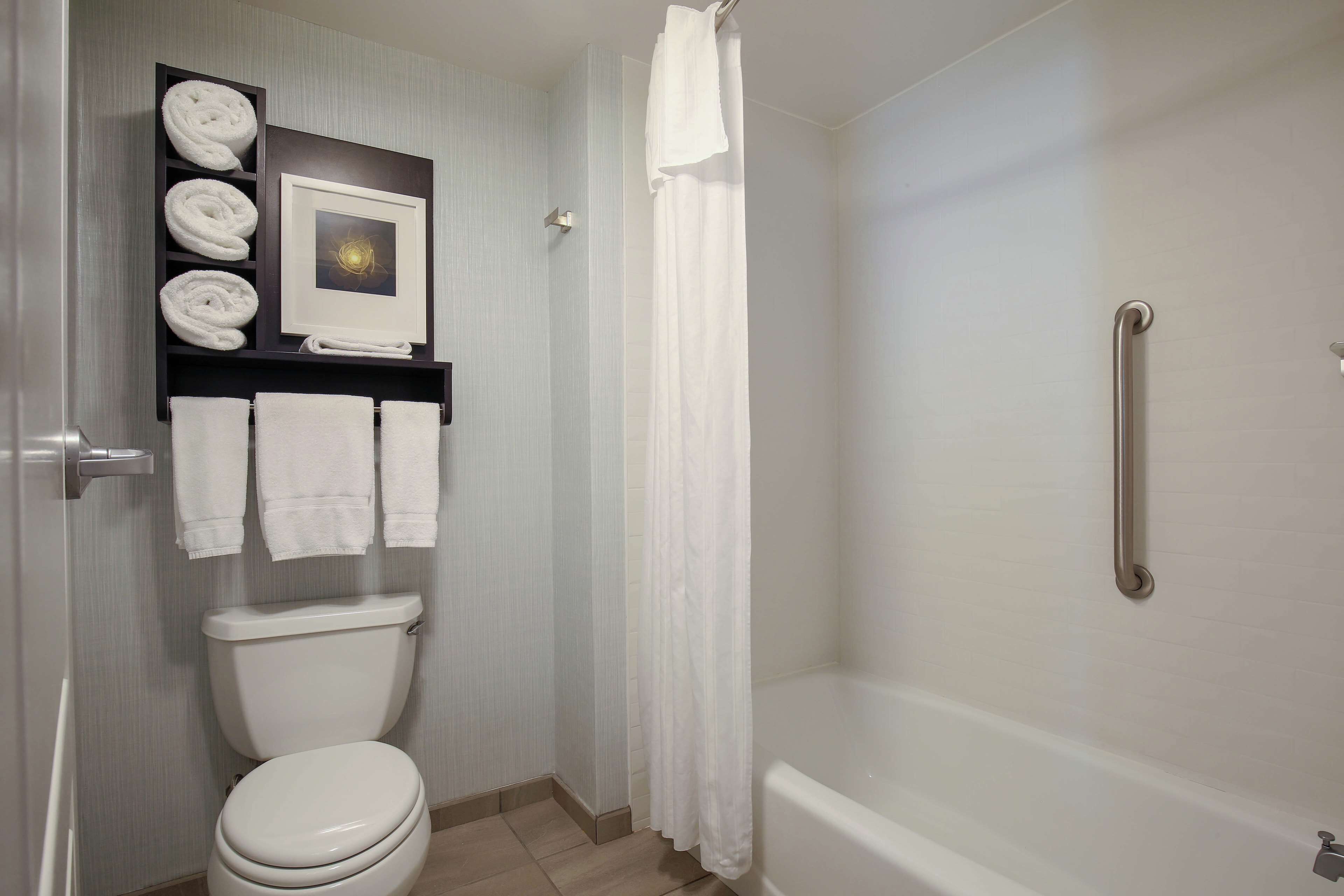 A bathroom with a toilet, a bathtub, and a shower area.