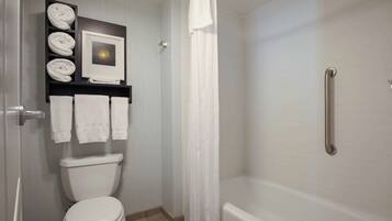 A bathroom with a toilet, a bathtub, and a shower area.
