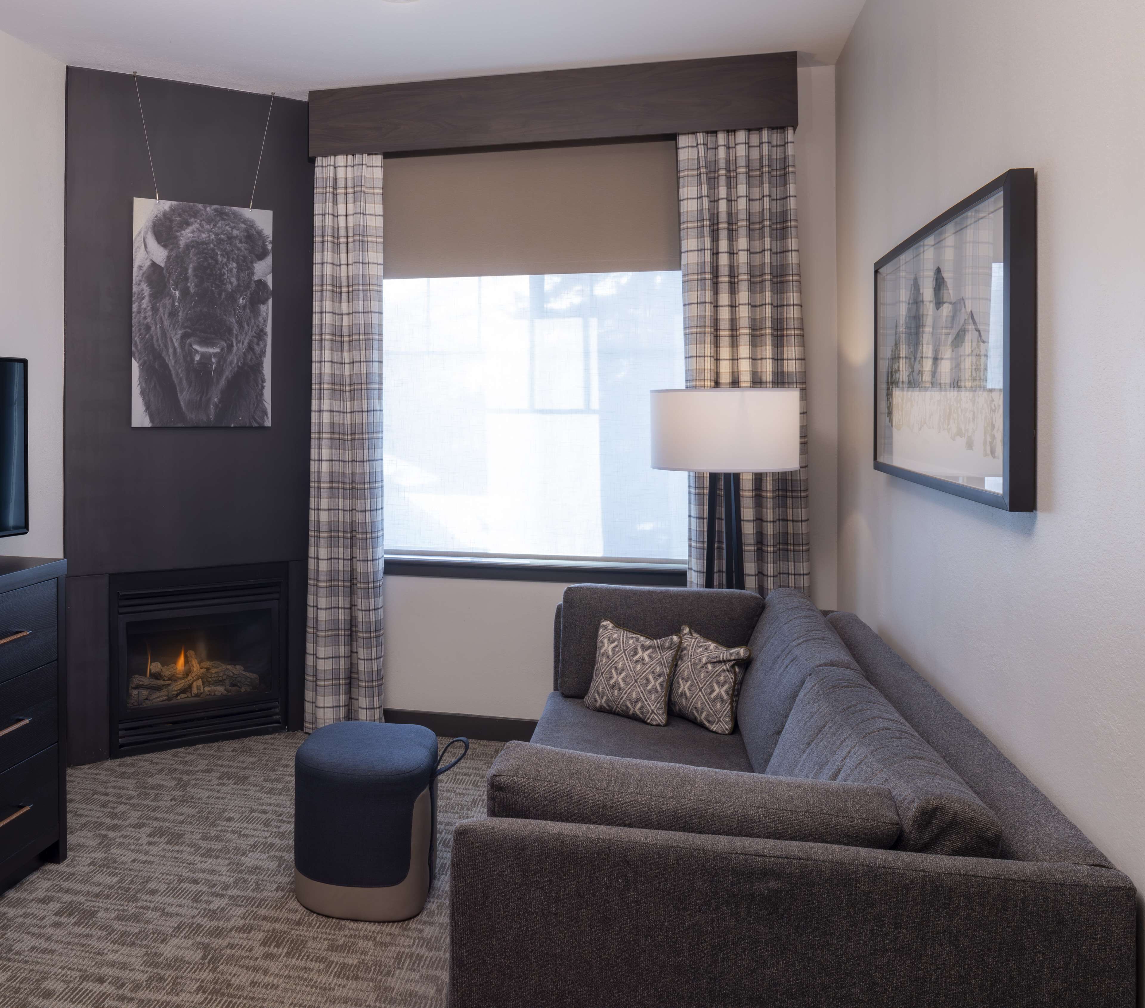 A modern living room with a fireplace, a sofa, a coffee table, and a lamp.