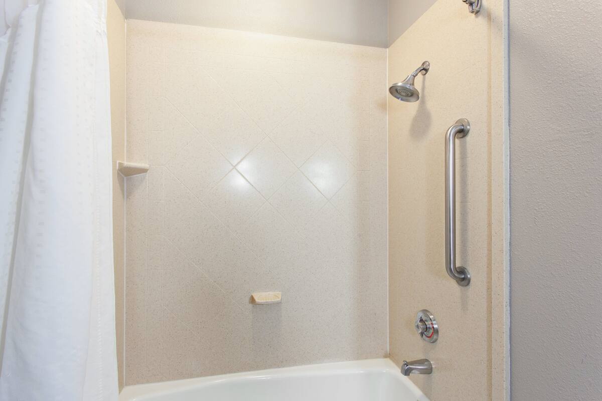 combined shower/bathtub, free toiletries, hair dryer, towels