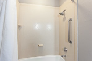A bathroom with a shower, grab bars, and a bathtub.