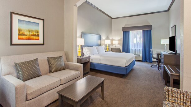 A hotel room with a bed, a sofa, a desk, and a television. - Holiday Inn Express Hotel & Suites Wharton by IHG (Wharton)