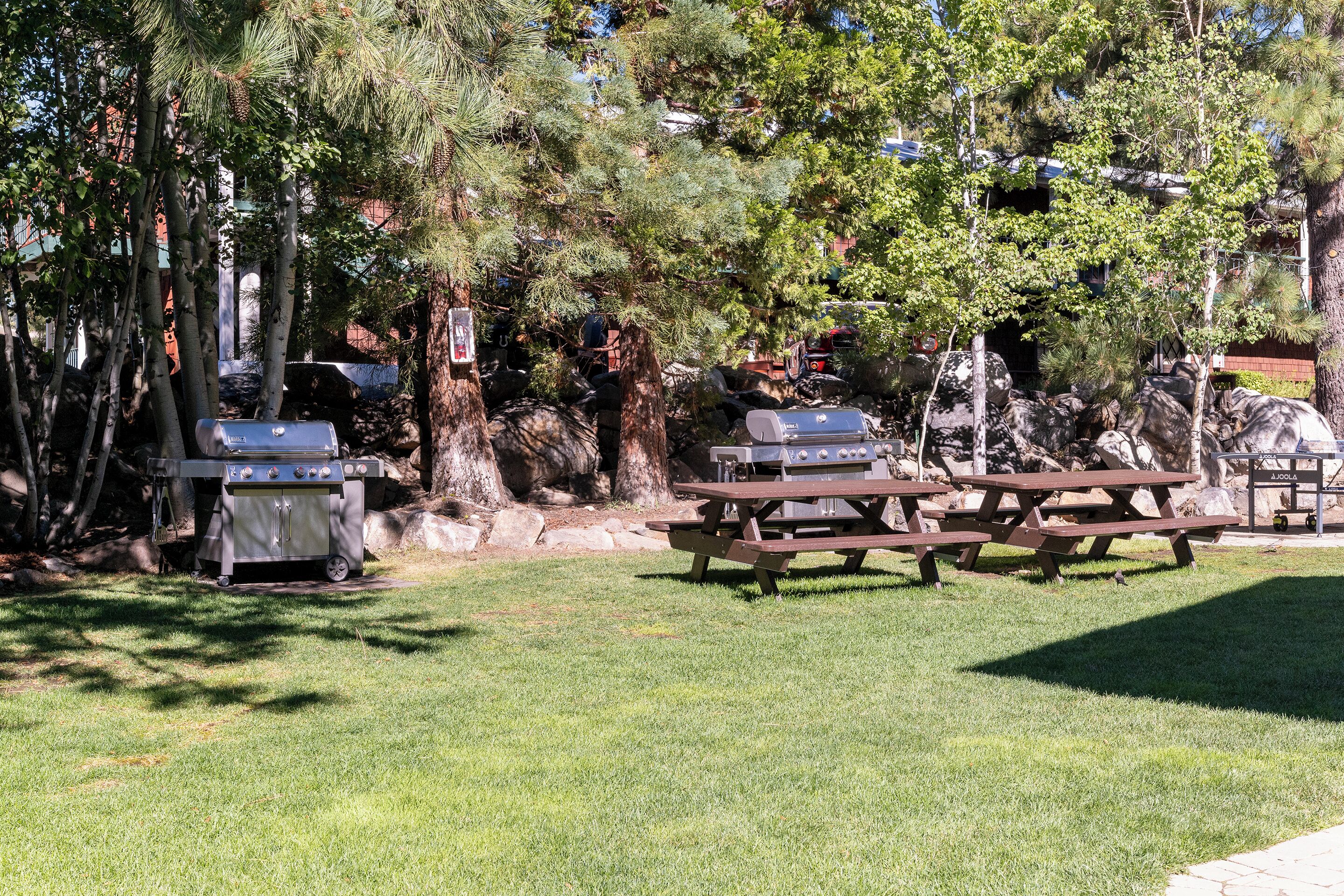 Un espacio al aire libre con mesas de picnic y parrillas.