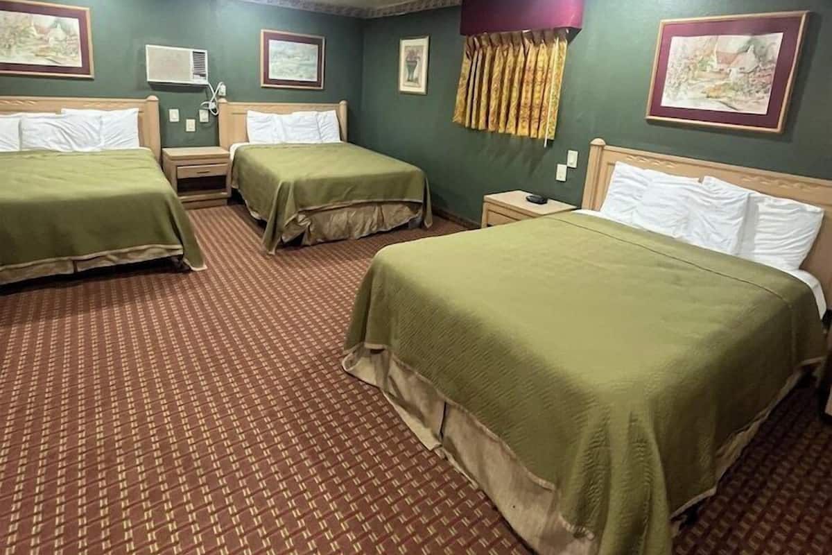 Une chambre d’hôtel avec trois lits, une moquette à motifs et des œuvres d’art accrochées aux murs.