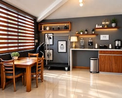 Una cocina moderna con comedor, que incluye una mesa y sillas de madera, una estación de café y un cubo de basura.
