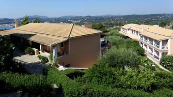 A residential building with a tiled roof, a stone pathway, and lush greenery.