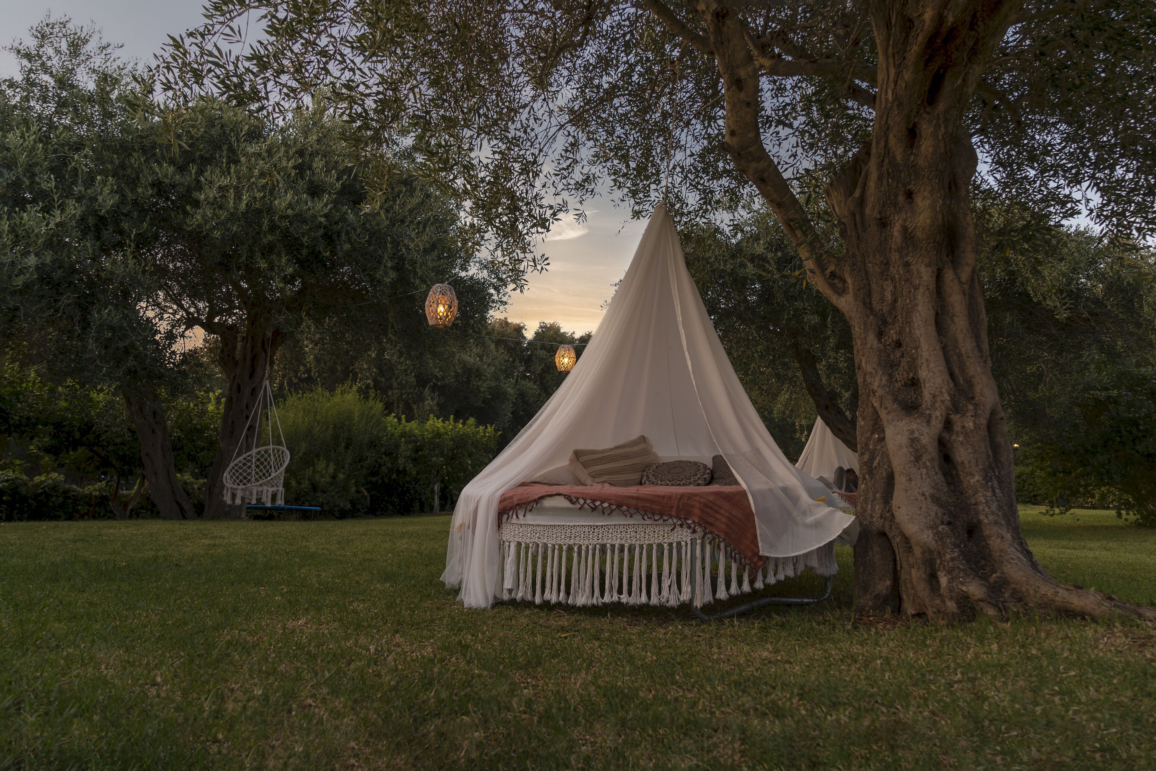 Un espacio al aire libre apartado con una cama con dosel bajo un árbol grande, rodeado de abundante follaje.