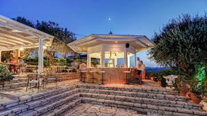 A covered outdoor seating area with stone steps leading to a bar, surrounded by potted plants and trees. - Nefeli Hotel (Corfu)