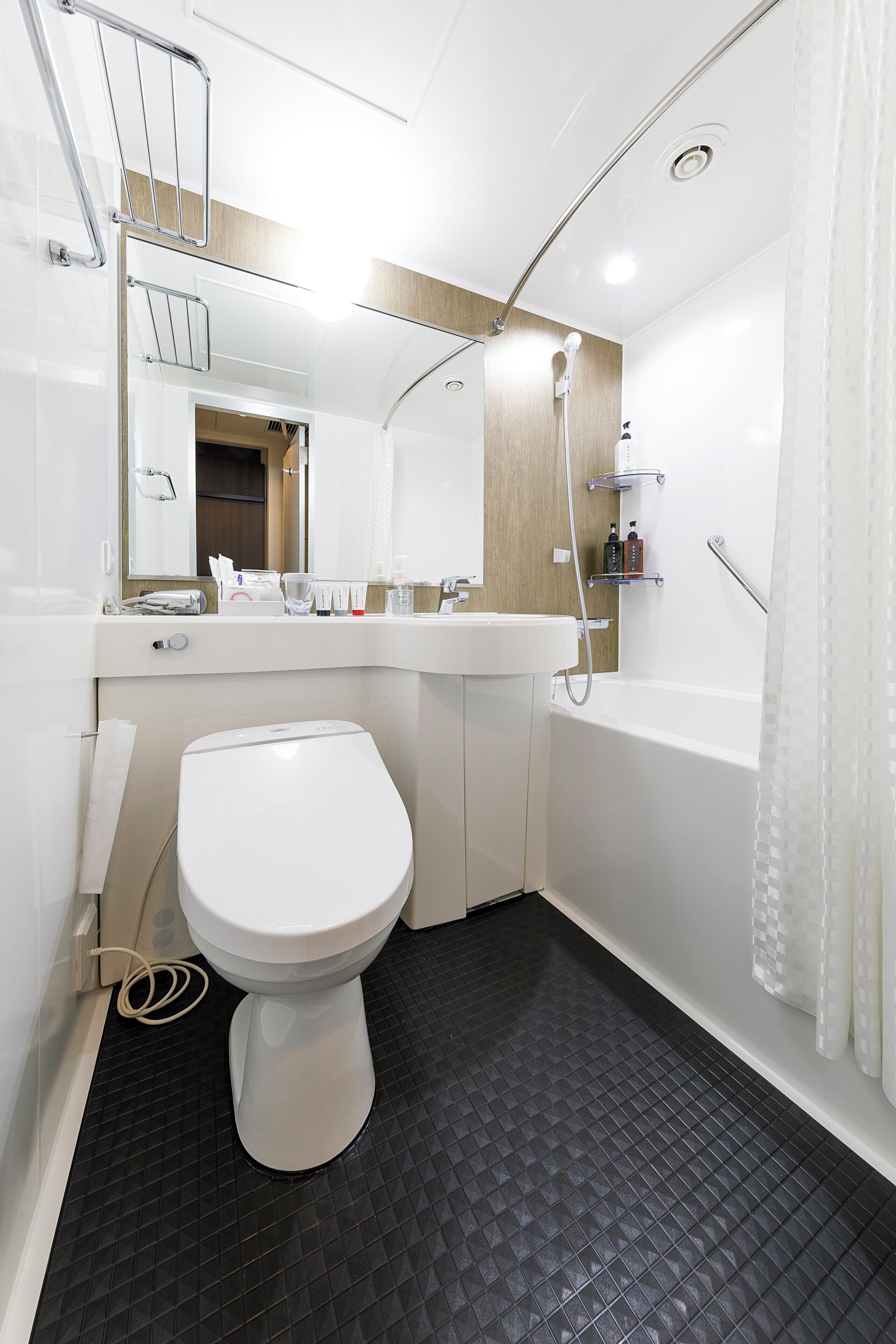Un bagno moderno con il water bianco, un lavandino, una doccia e uno specchio.