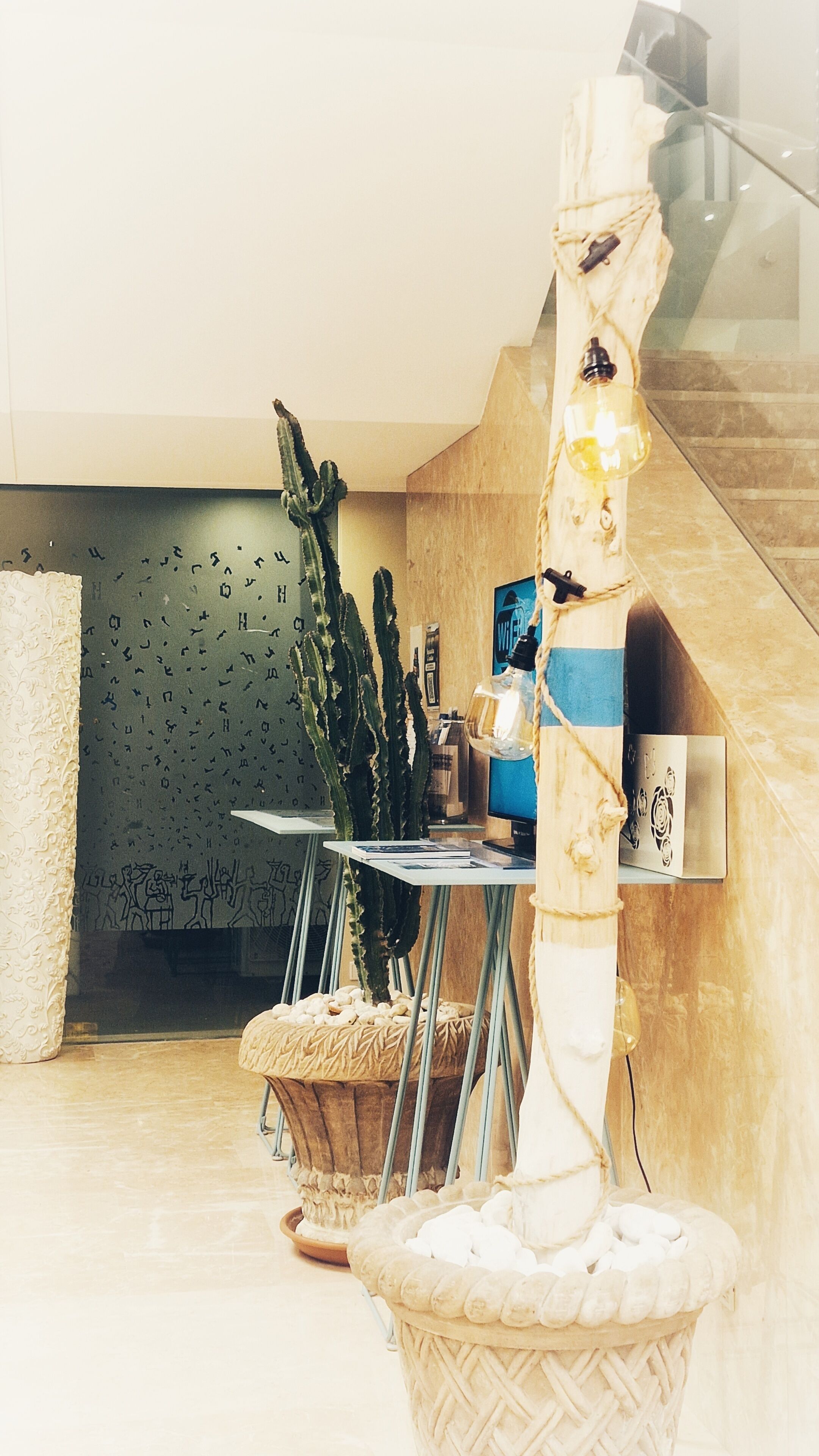 Un intérieur moderne agrémenté d’une cloison en verre, d’un cactus, d’un panier tressé et d’une lampe décorative.