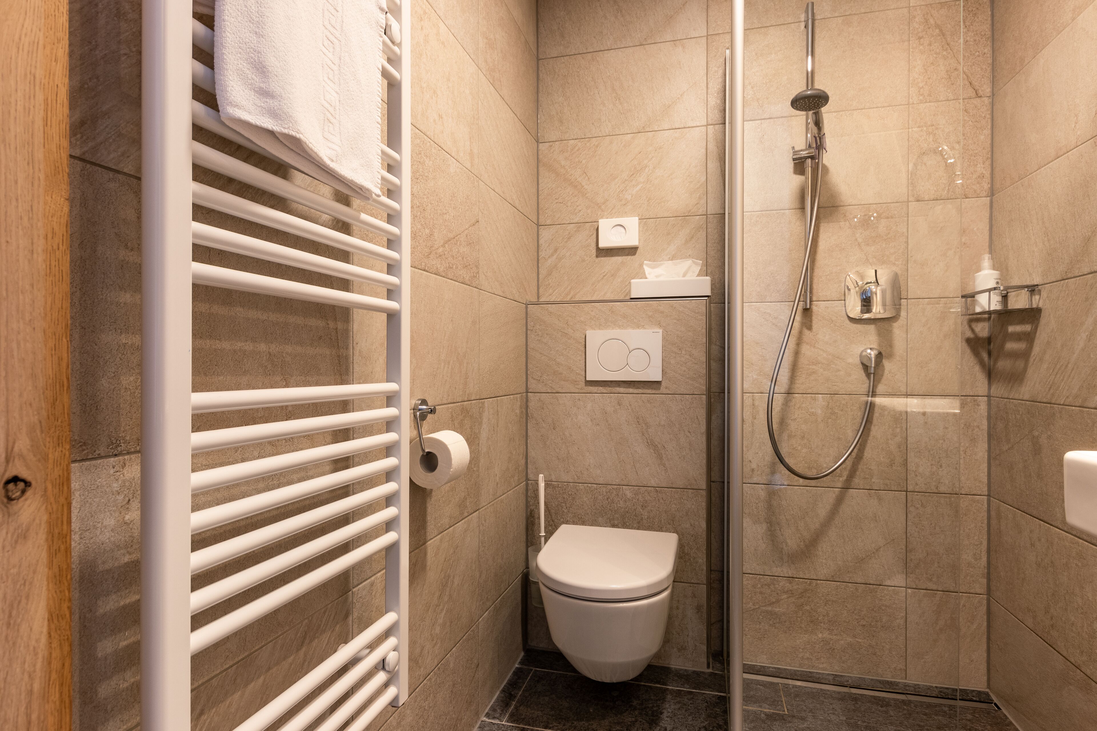 A modern bathroom with a white toilet, a glass shower enclosure, and a towel rack.