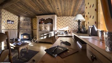 LCD TV, fireplace, DVD player