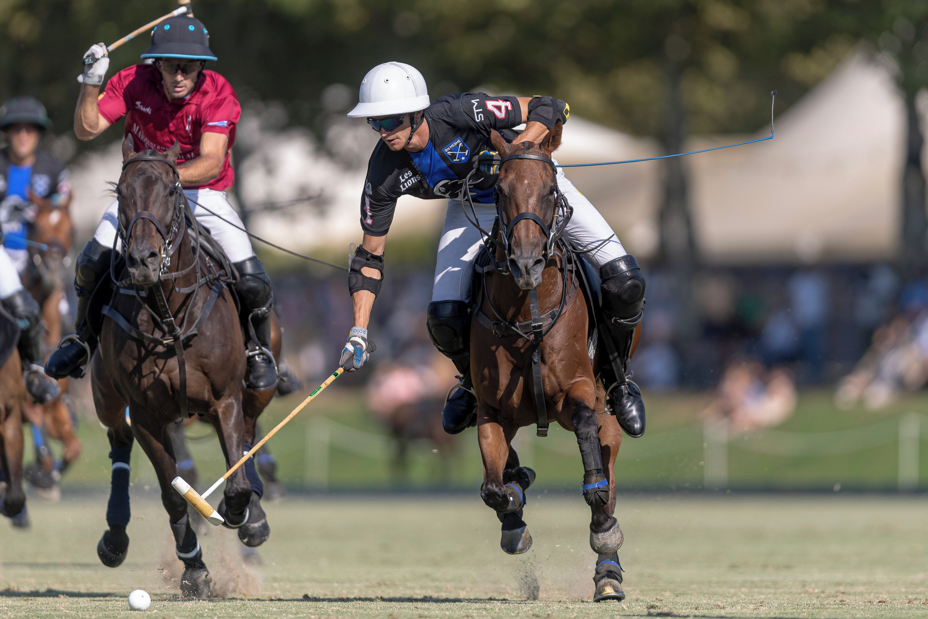 A polo match in progress with players on horseback, a white ball, and spectators in the background.