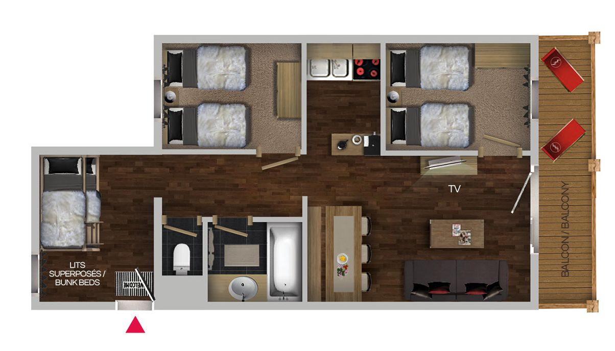 Un plan d’aménagement de chambre d’hôtel comprenant deux chambres, une salle de bain, un téléviseur, un balcon et un coin repas.
