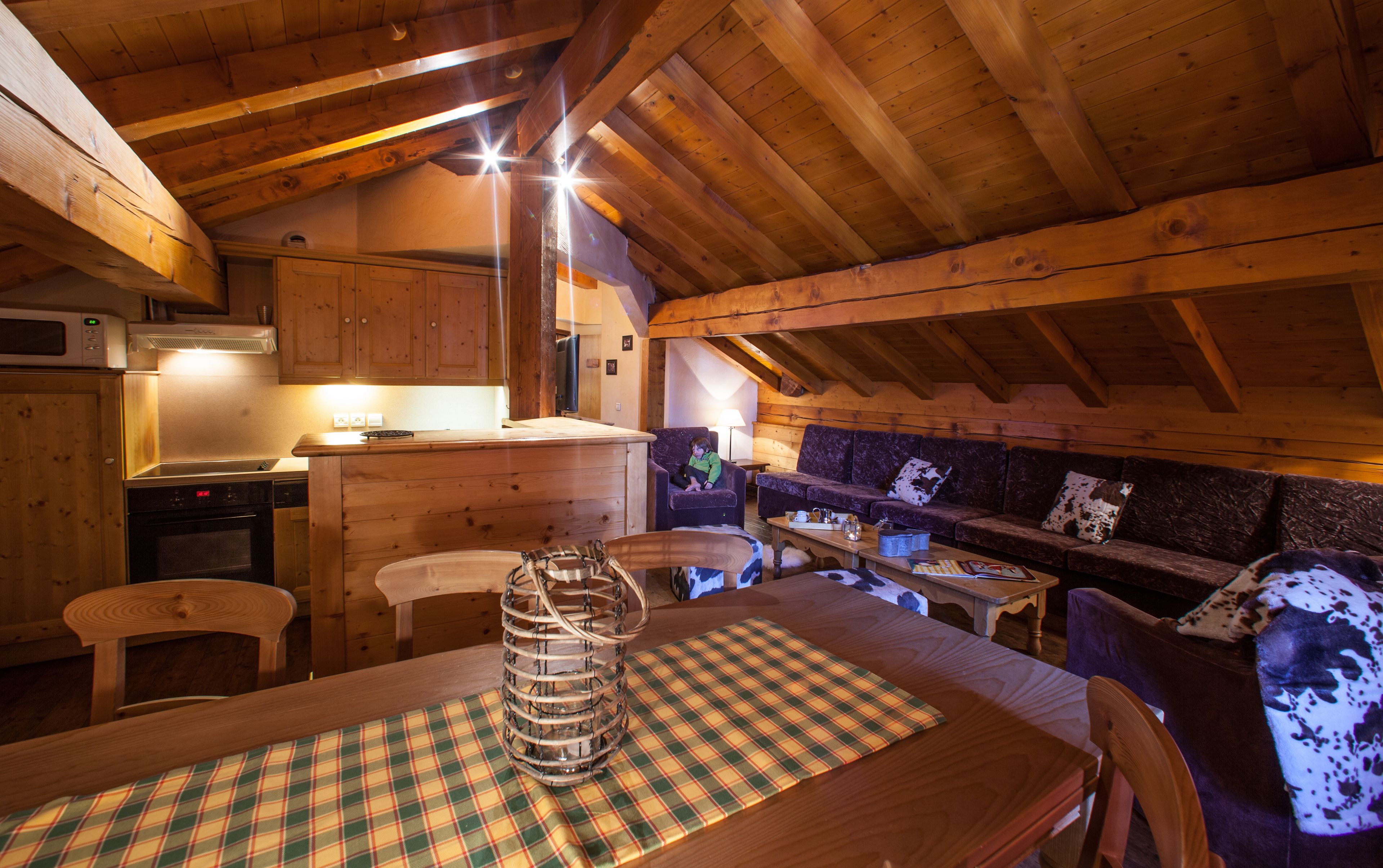 A cozy cabin interior with a wooden ceiling, a dining table with a plaid tablecloth, a sofa, and a small kitchen area with a microwave and stove.
