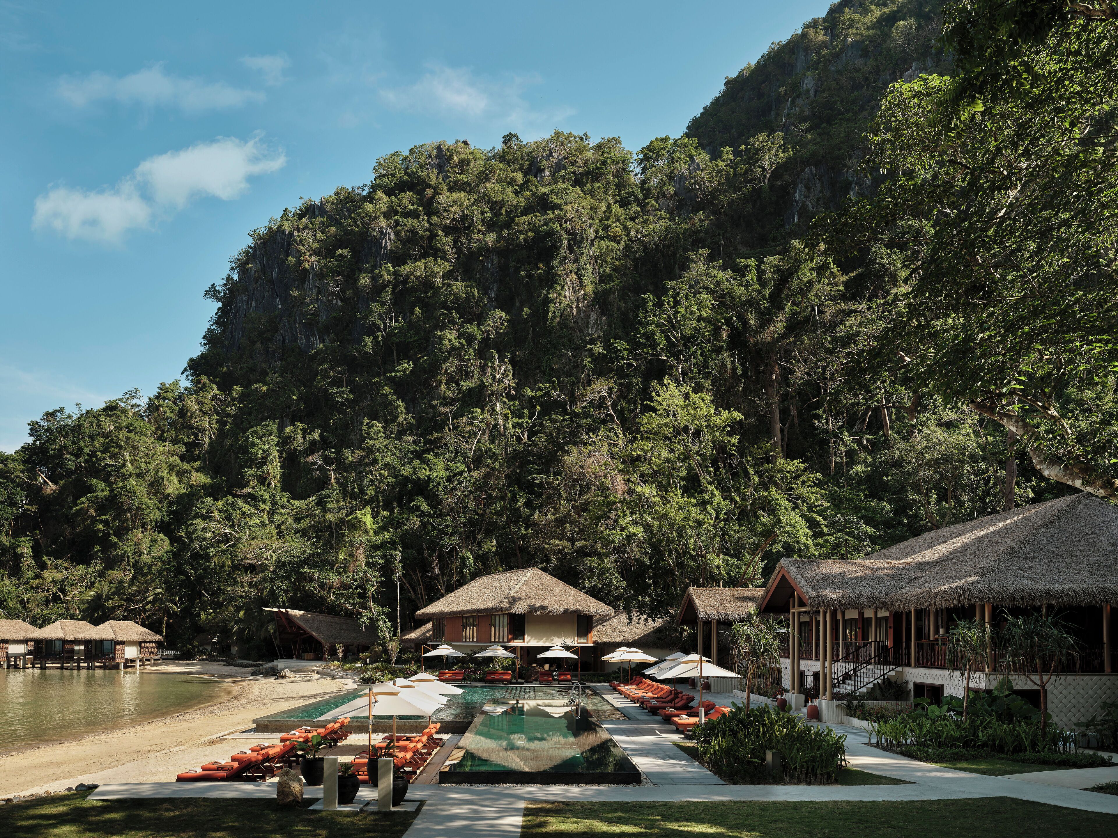 Outdoor pool, pool umbrellas, pool loungers