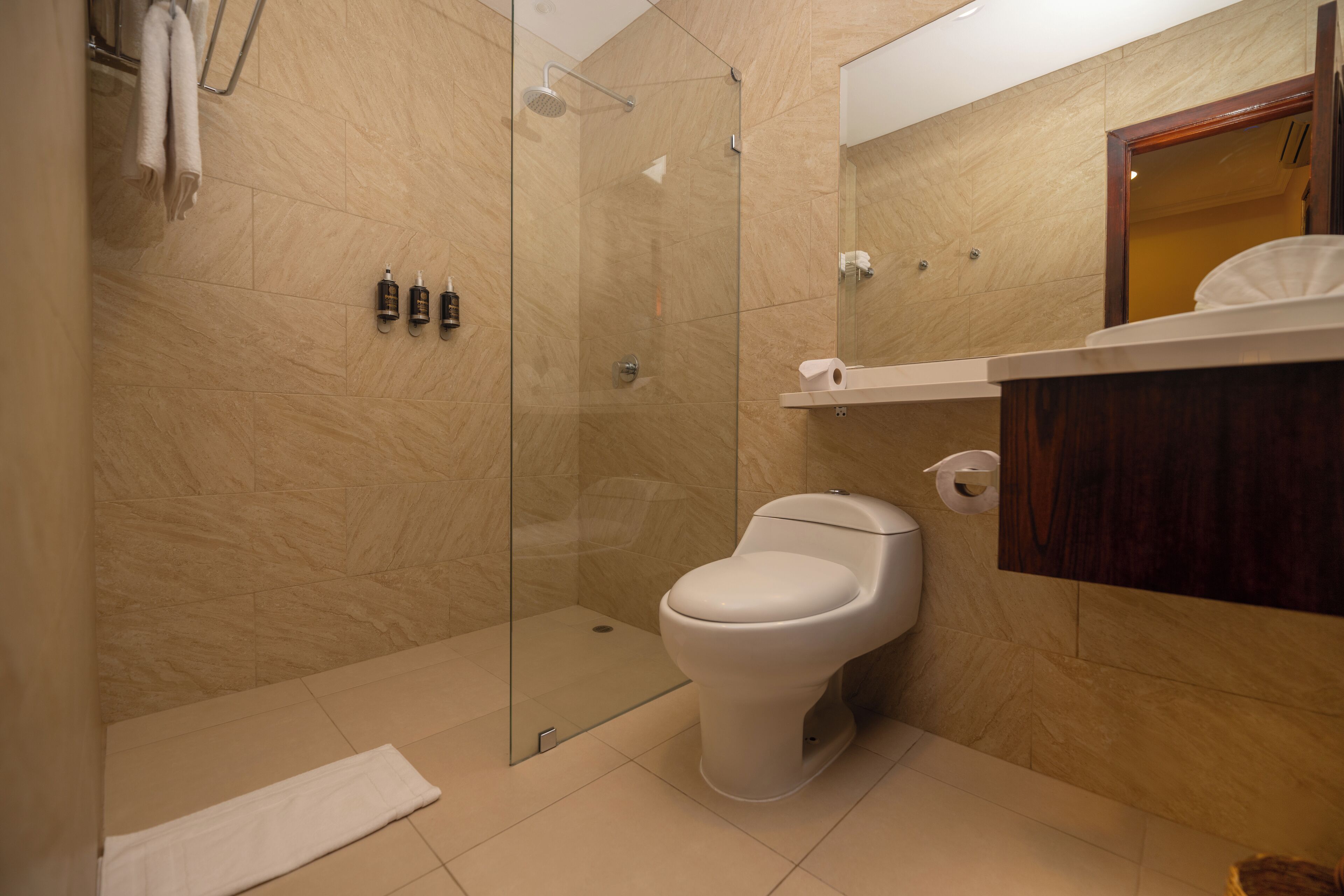 Un baño moderno con ducha envuelta en vidrio, inodoro y tocador con espejo.